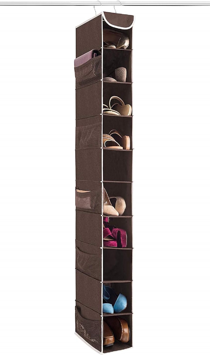 ZOBER Hängender Schuh-Organizer für den Schrank, 10 Regale – Hängendes Schuhregal mit Seitentaschen – schmal, platzsparend, langlebig