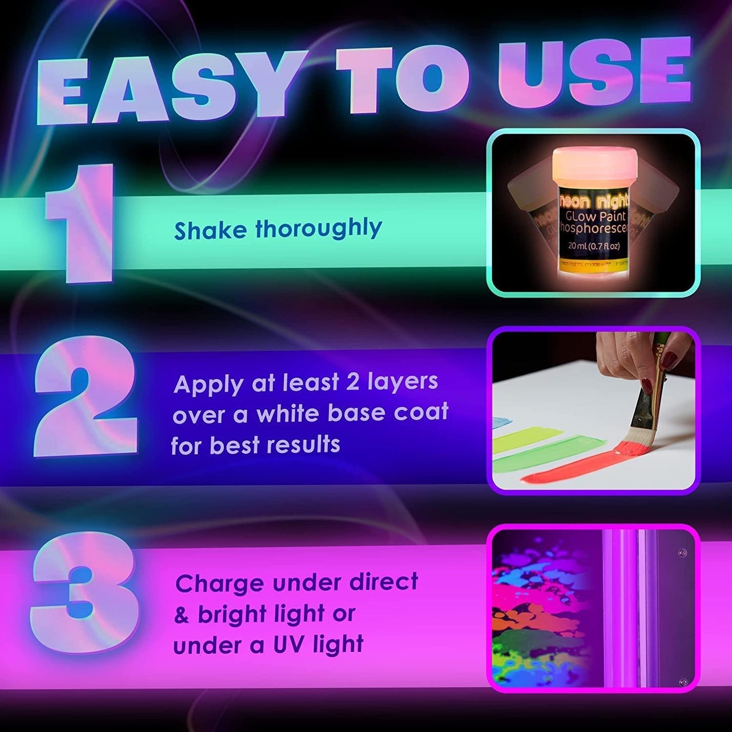 NEON Nights Glow in The Dark Paint, Luminescent & Phosphorescent, Set of 8