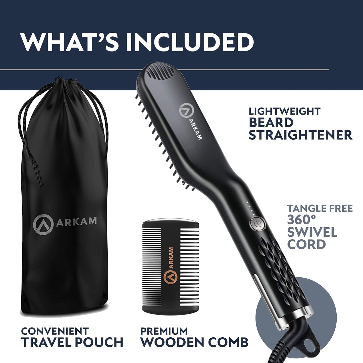 Arkam Heated Beard Straightener - Beard Brush Kit for Short to Medium Beards