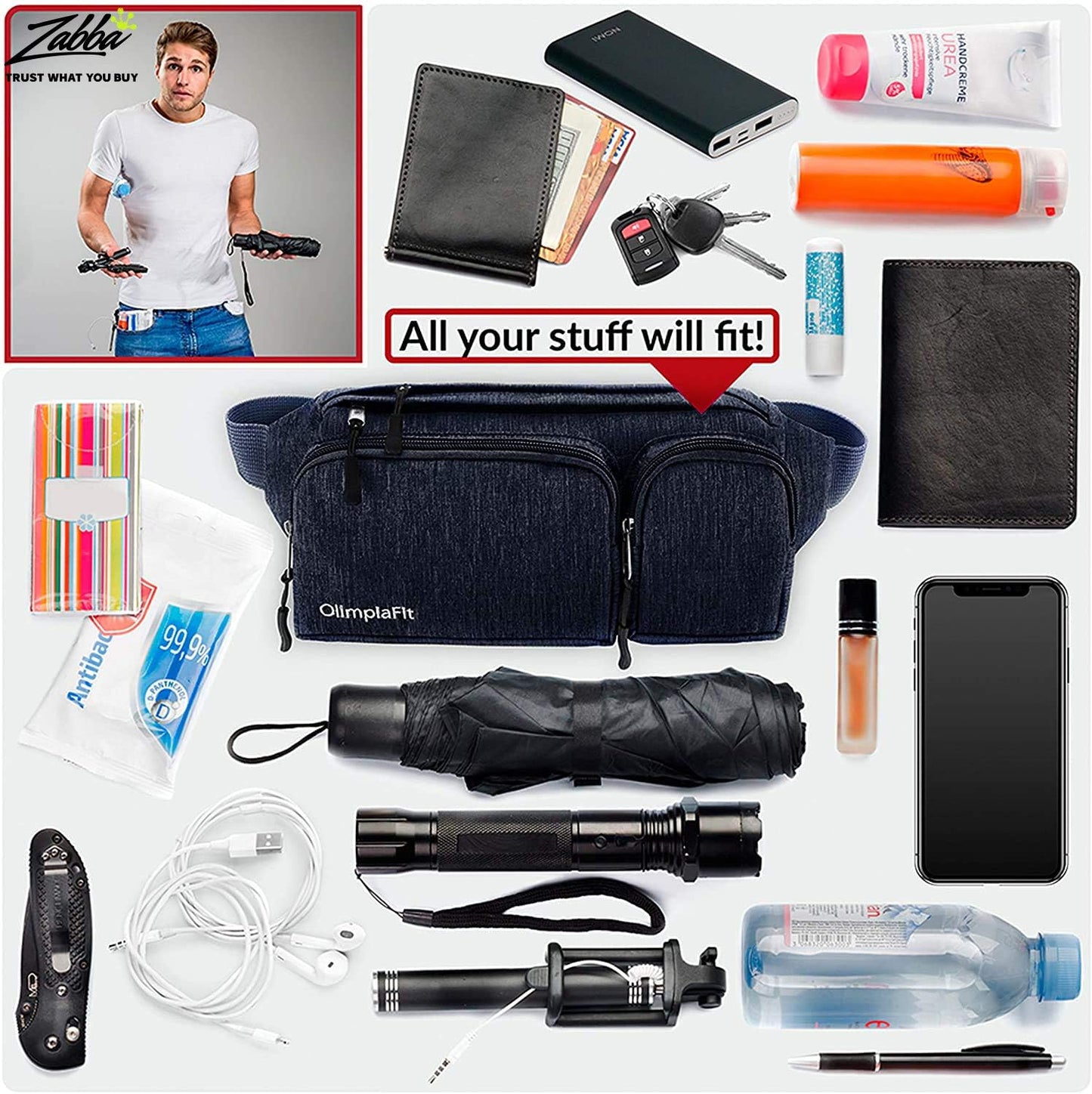 Gürteltasche für Damen und Herren, süße Hüfttasche – zum Wandern, Reisen, Campen und Laufen – Loch für Kopfhörer, Geldgürtel mit 6 Taschen, Gurtverlängerung – einfaches Tragen von Telefonen, Reisepässen, Geldbörsen – wasserabweisende Halterung