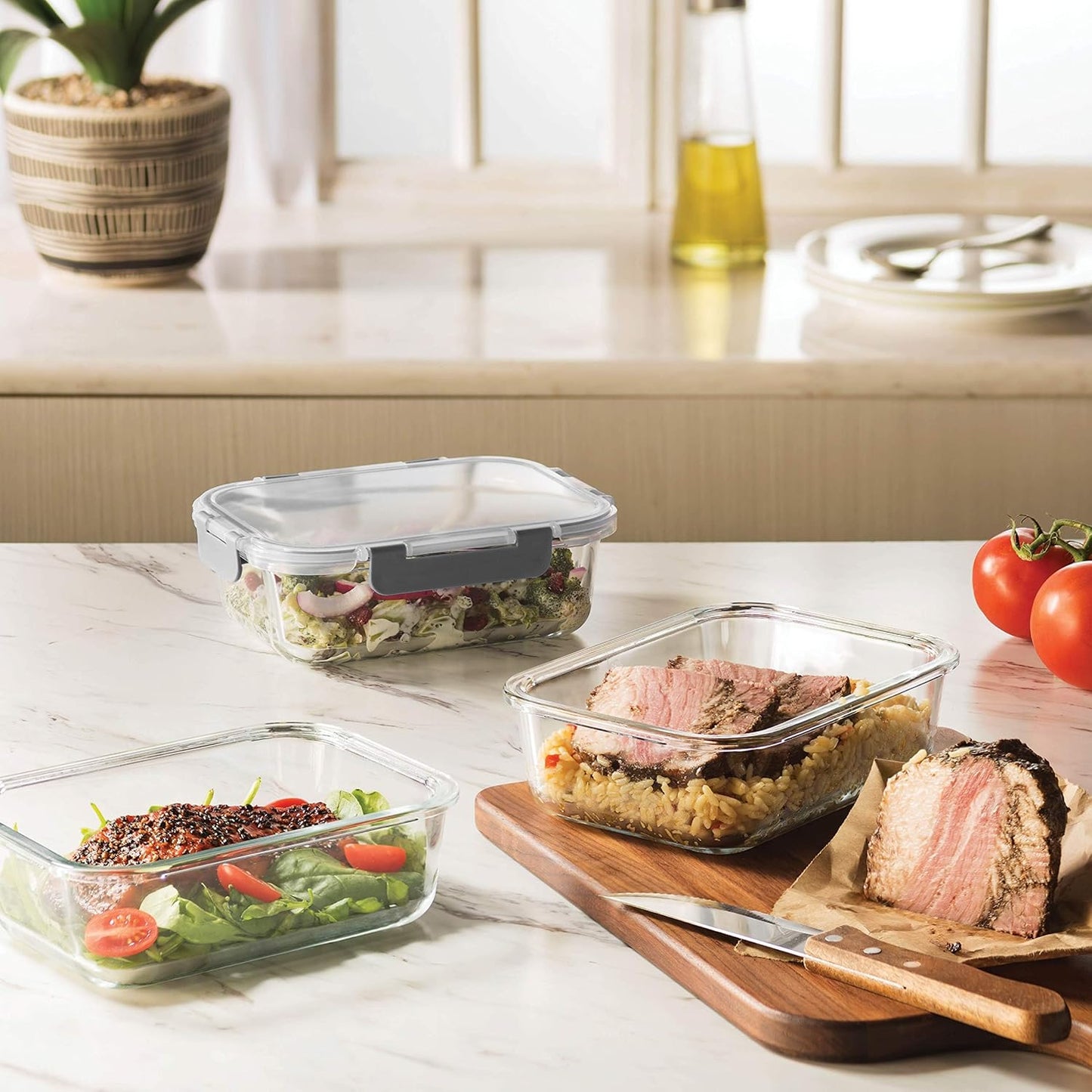 FineDine Glass Meal Prep Containers – Set of 3 Square 28 oz, Airtight & Leakproof, Microwave & Dishwasher Safe