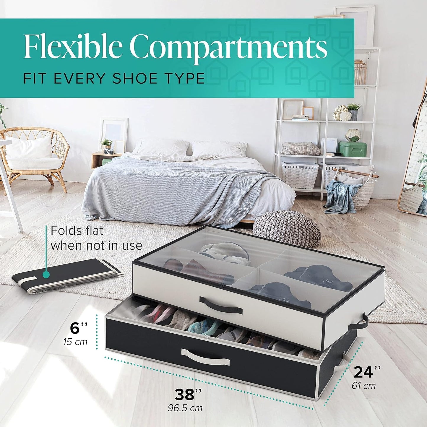 Under Bed Shoe Storage Organizer - Fits 16 Pairs of Shoes & 4 Pairs of Boots, Strong Zipper