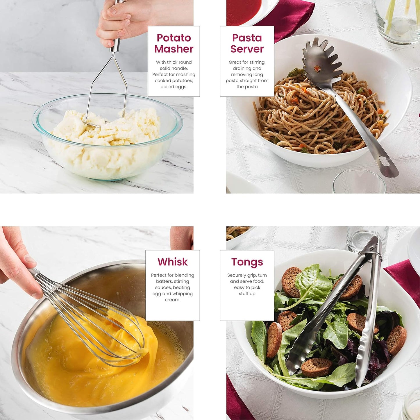 FineDine Küchenhelfer-Set aus Edelstahl – 10-teiliges, hochwertiges, antihaftbeschichtetes und hitzebeständiges Küchenhelfer-Set, Pfannenwender, Spaghettiheber, Schöpfkelle, Servierlöffel, Schneebesen, Zange, Kartoffelstampfer und Utensilienhalter