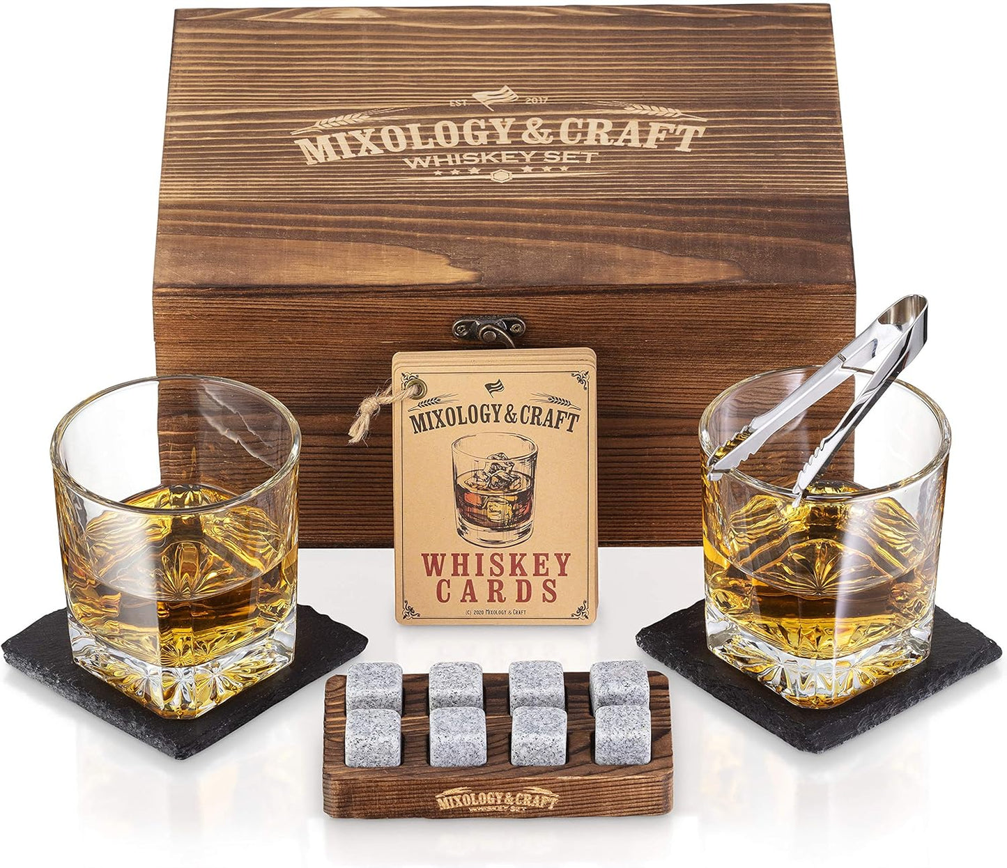Mixology Whiskey Stones Gift Set for Men, 2 x 10oz Glasses, 8 Granite Chilling Rocks, 2 Coasters, Metal Tong & Cocktail Cards in Wooden Box