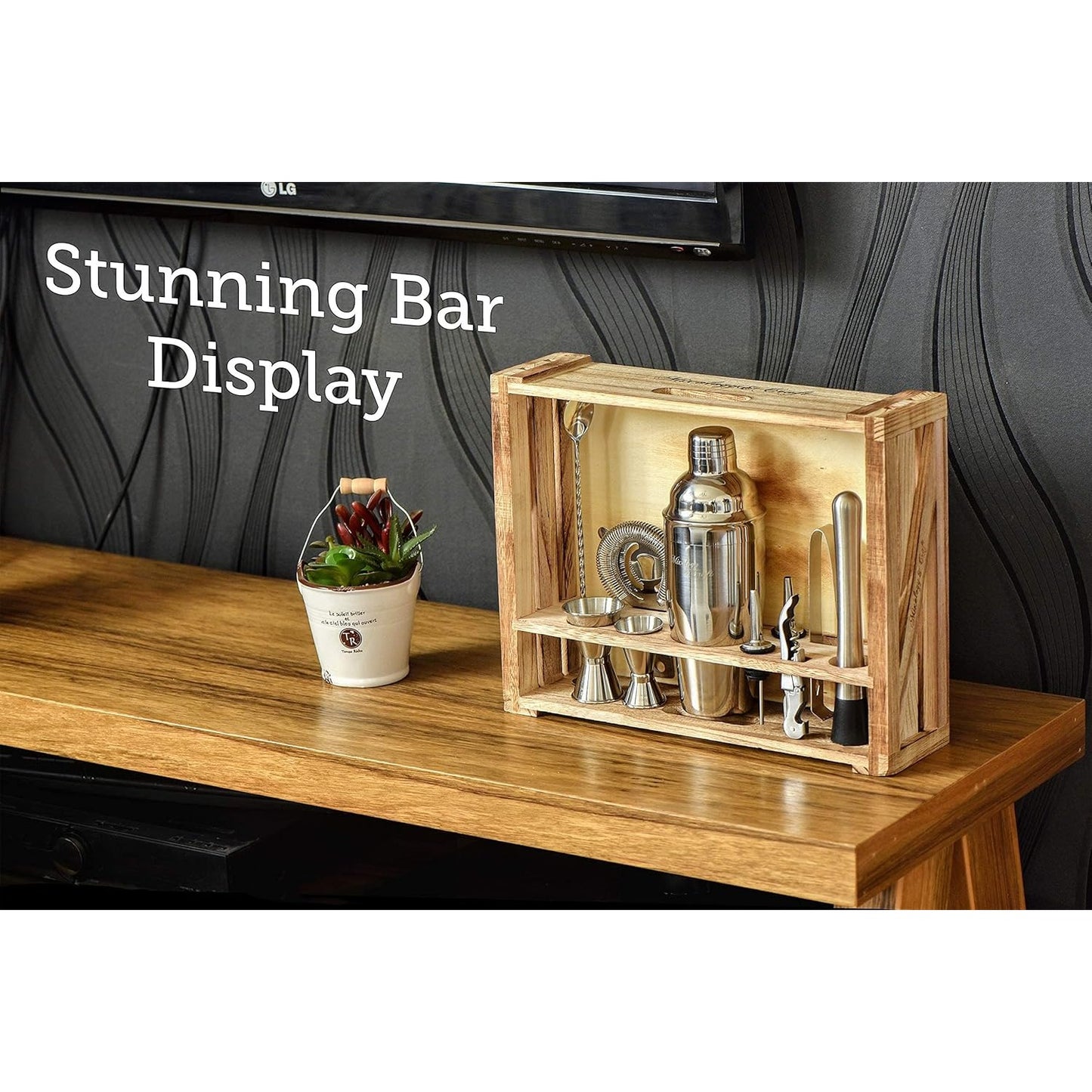 11-Piece Bartender Kit with Wood Stand – Professional Cocktail Set Silver