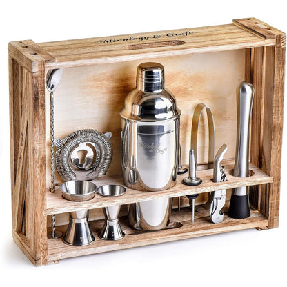 11-Piece Bartender Kit with Wood Stand – Professional Cocktail Set Silver