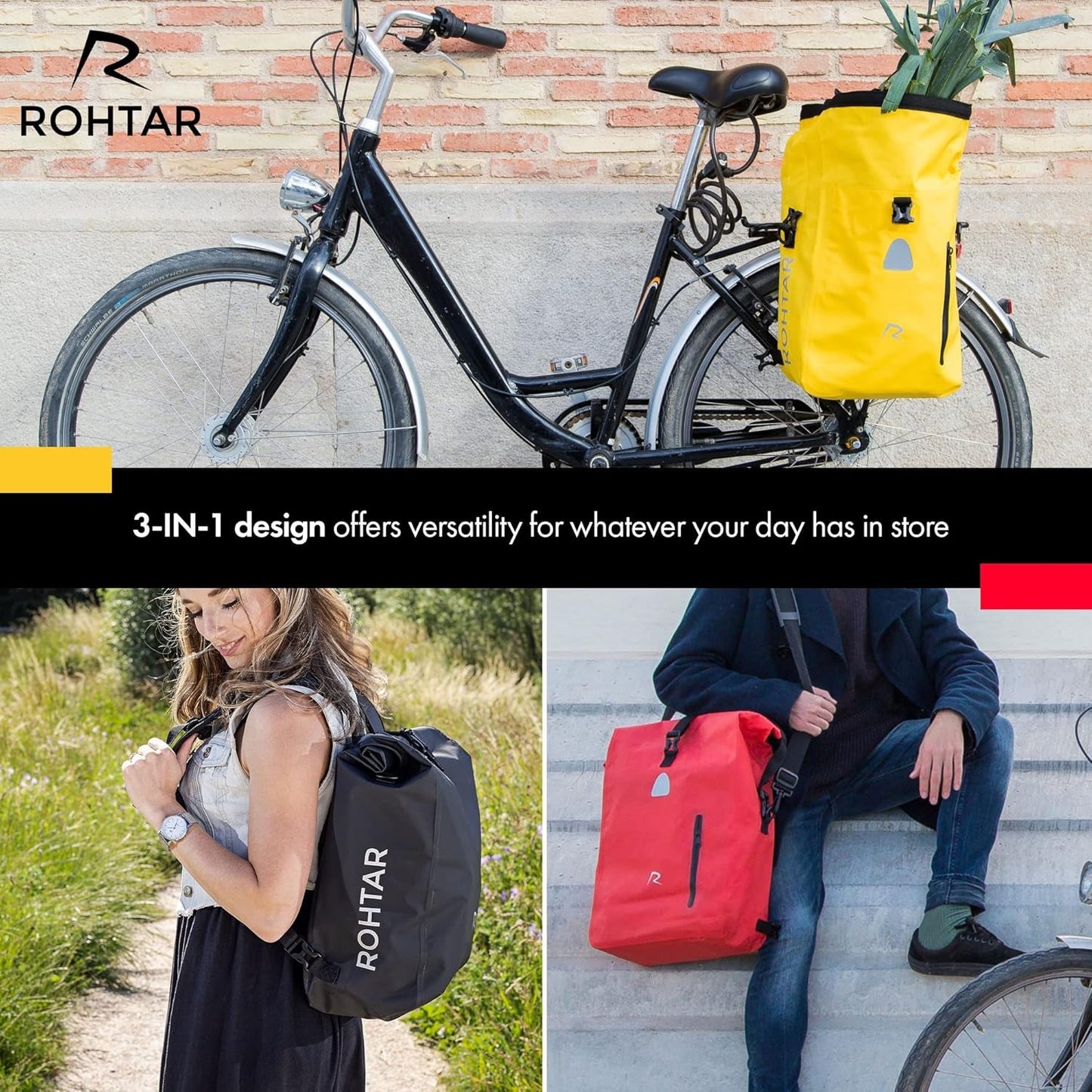 3-in-1 Waterproof Bicycle Rear Pannier Backpack with Adjustable Straps