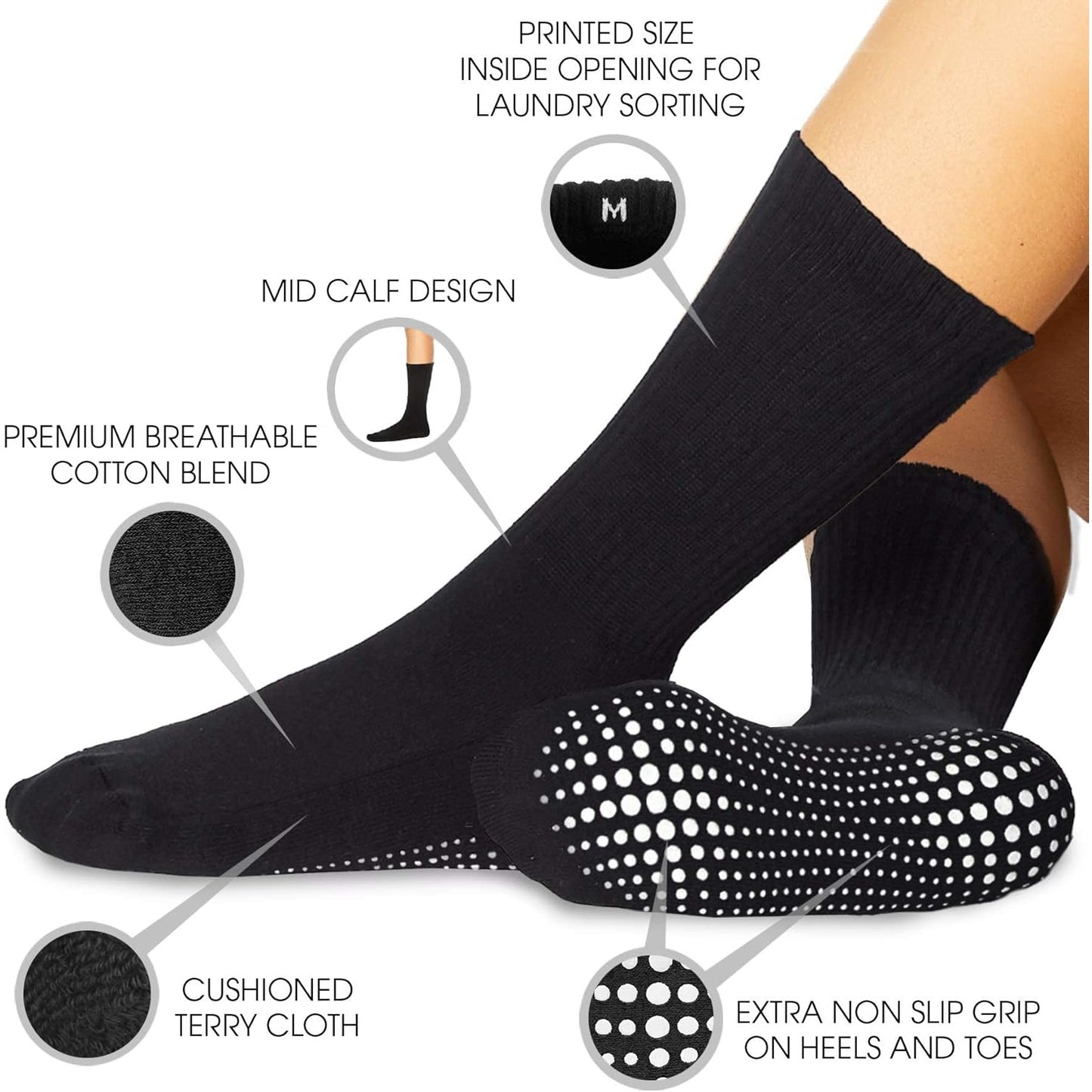 Grip Socks – 5 Pairs for Yoga Pilates Barre Ballet Non-Slip Crew, Tuxedo Black/White, M/L/XL