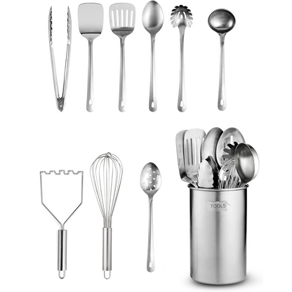 Küchenhelfer-Set aus Edelstahl – 10-teiliges, hochwertiges, antihaftbeschichtetes und hitzebeständiges Küchenhelfer-Set, Pfannenwender, Spaghettiheber, Schöpfkelle, Servierlöffel, Schneebesen, Zange, Kartoffelstampfer und Utensilienhalter