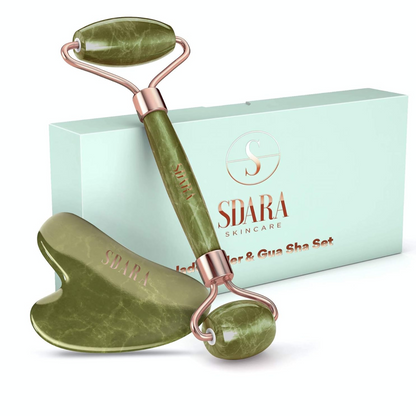 Sdara Jade Roller & Gua Sha Set - Facial Massager for Slimming & Sculpting, Reduces Wrinkles & Puffiness