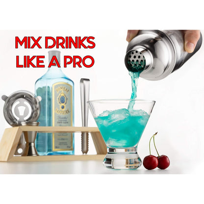 Barkeeper-Set mit Bambusständer – Cocktail-Shaker-Set und Barzubehör für die Hausbar, zum Mixen von Getränken und als Mixologie-Set