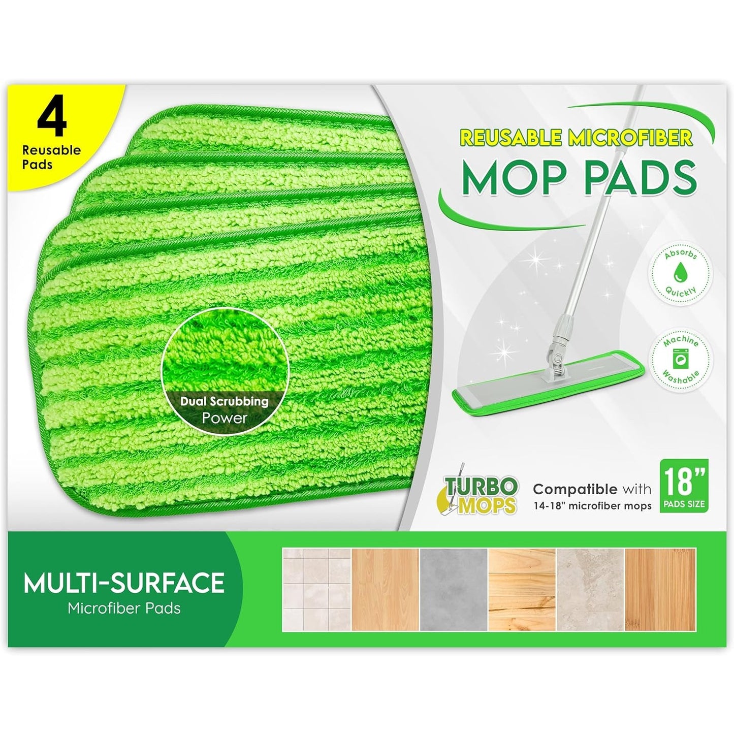 Mop Pads 4-Pack, 18" Reusable Washable, Velcro Attachment - Fits Bona, Rubbermaid & More