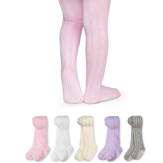 LA Active Girls Tights - Cotton Crawling Tights with Anti-Slip Stopsocks, Knitted Cable Pattern, 5 Pairs (Pink/White/Ivory/Lavender/Grey), 3-6 Months
