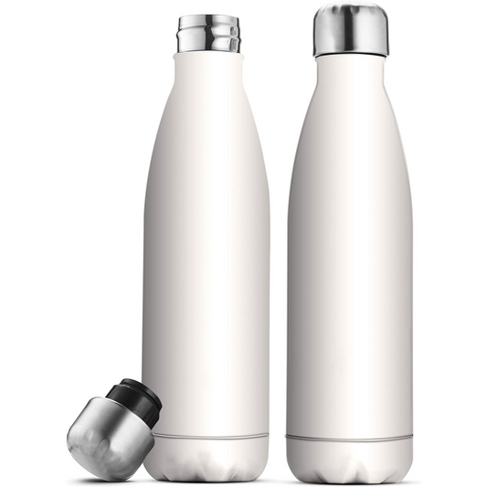 Dreifach isolierte Edelstahl-Wasserflasche von FineDine (2er-Set), 17 oz, elegante Flaschen, hält heiß und kalt, 100 % auslaufsicher, schweißfeste Flaschen, für Reisen, Picknick und Camping. (Reines Perlweiß) 