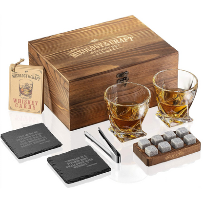 Mixology Whiskey Stones Gift Set for Men, 2 x 10oz Glasses, 8 Granite Chilling Rocks, 2 Coasters, Metal Tong & Cocktail Cards in Wooden Box