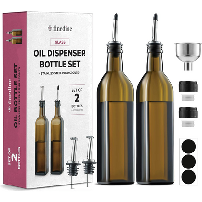 Olive Oil & Vinegar Dispenser Set - Slim Amber Glass Bottles, 4 Pouring Spouts & Labels