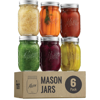 Paksh Mason Jars 16oz, 6-Pack – Regular Mouth Glass Jars with Lids, Airtight for Canning & Storage