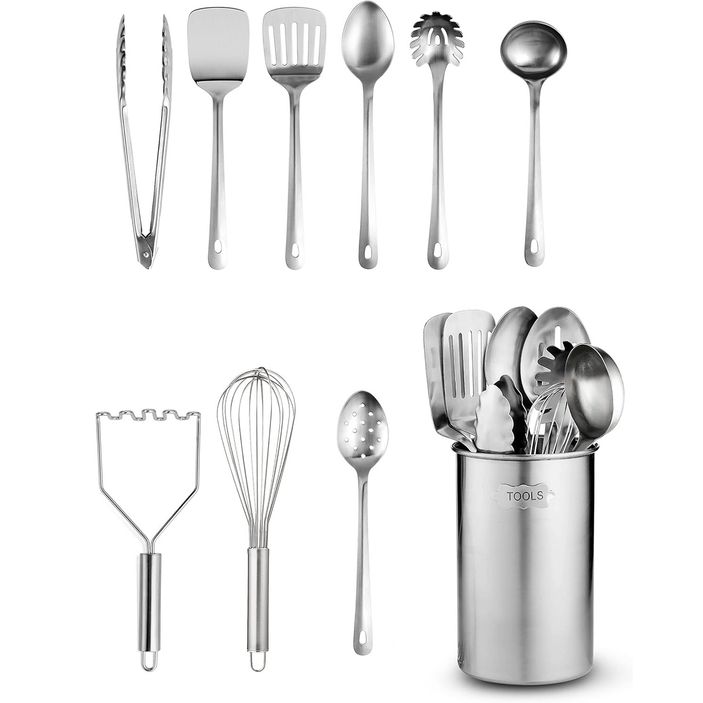FineDine Küchenhelfer-Set aus Edelstahl – 10-teiliges, hochwertiges, antihaftbeschichtetes und hitzebeständiges Küchenhelfer-Set, Pfannenwender, Spaghettiheber, Schöpfkelle, Servierlöffel, Schneebesen, Zange, Kartoffelstampfer und Utensilienhalter 