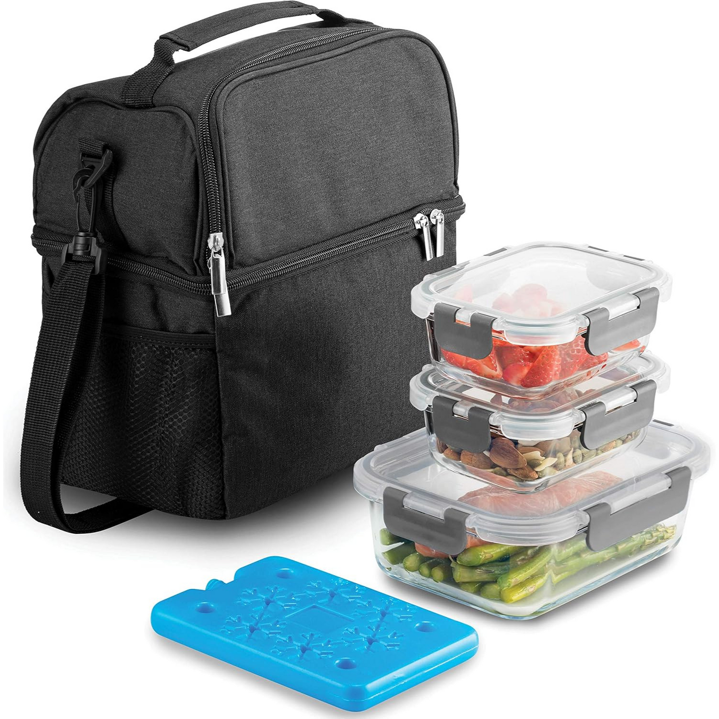 FineDine Lunchtasche mit Glasbehältern – Isolierte Lunchbox für Damen und Herren – Auslaufsichere Verschlussdeckel und Kühlakku – Kühltasche mit 2 Fächern für die Arbeit (Schwarz) 