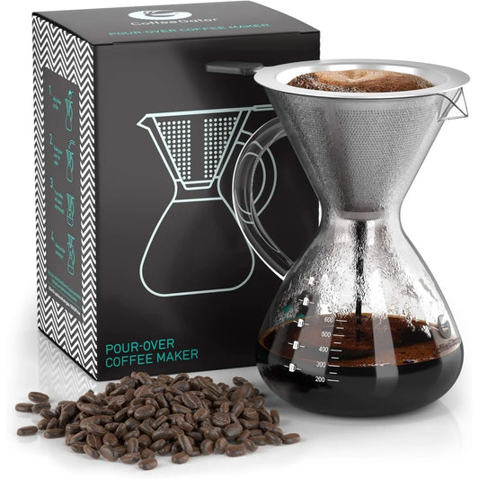 Pour Over Coffee Maker – 27oz Paperless Drip Coffee Brewer, Glass Carafe & Stainless Steel Mesh Filter