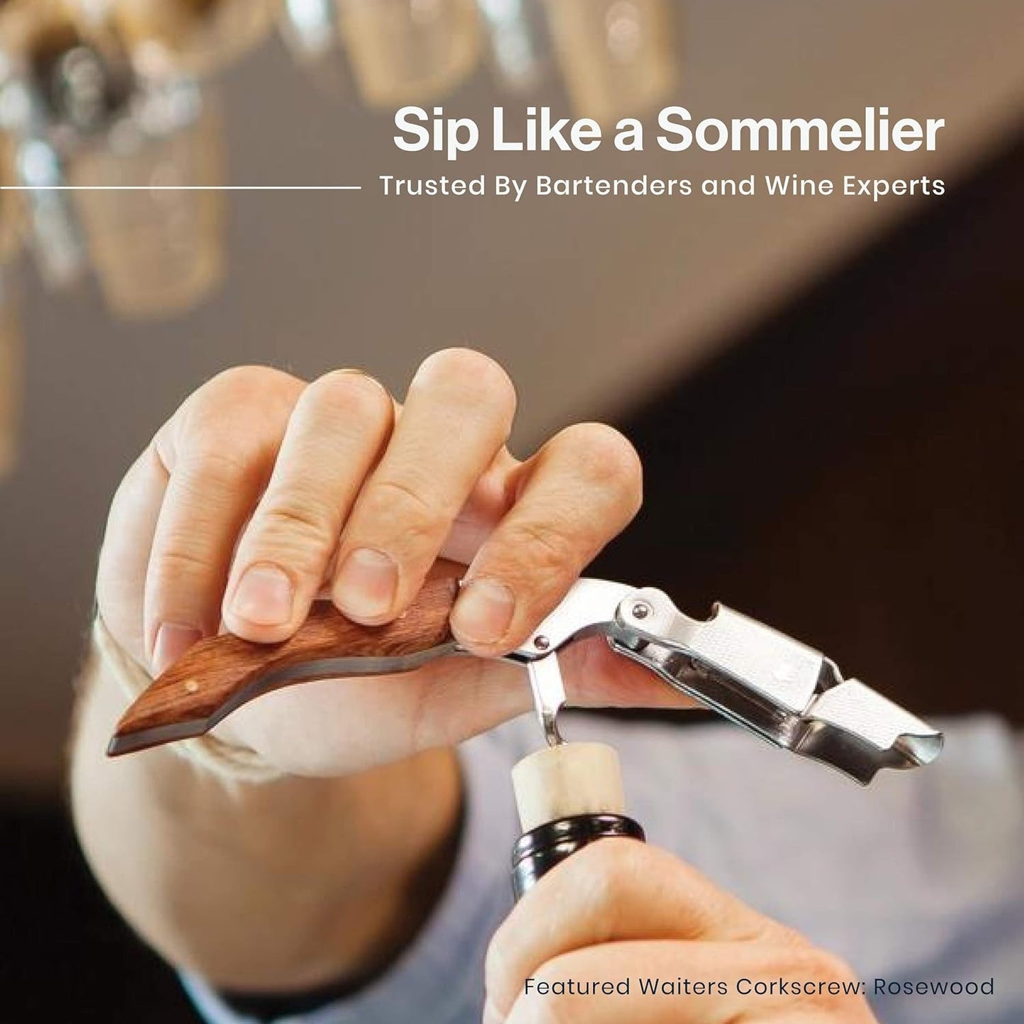 Wine Opener - Professional Corkscrew with Foil Cutter & Cap Remover, Manual Wine Key, Mahogany Wood Handle