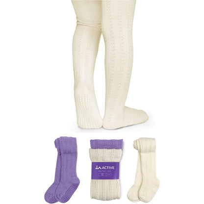 LA ACTIVE Baby Girls Tights - Cozy Cotton Cable Knit, Non-Skid Grip, Warm Winter Tights for Toddler, Infant & Newborn