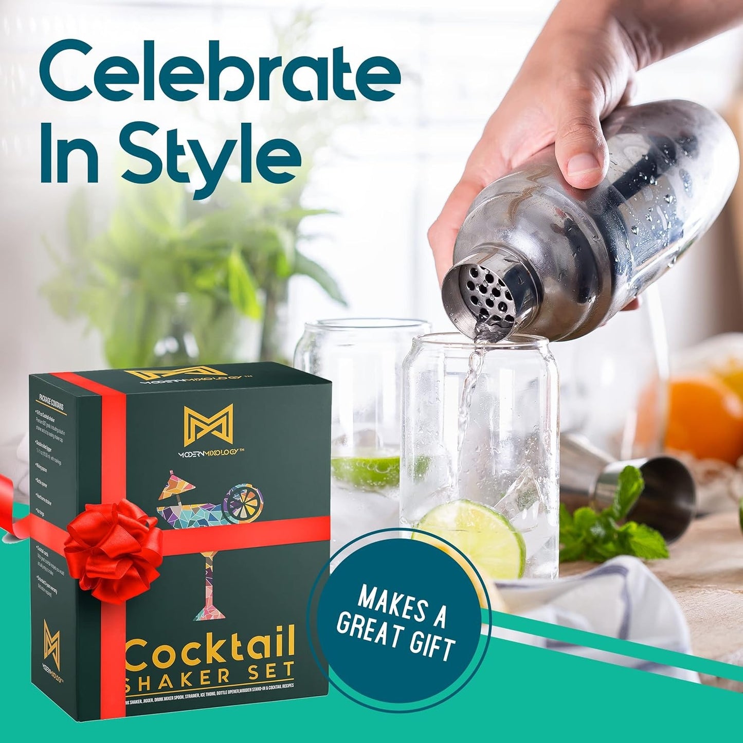 23-teiliges Bar-Set, Cocktail-Shaker-Set mit stilvollem Bambusständer | Perfekt als Bar-Werkzeug für zu Hause, Barkeeper-Werkzeugset und Martini-Cocktail-Shaker zum fantastischen Mixen von Drinks (Silber)
