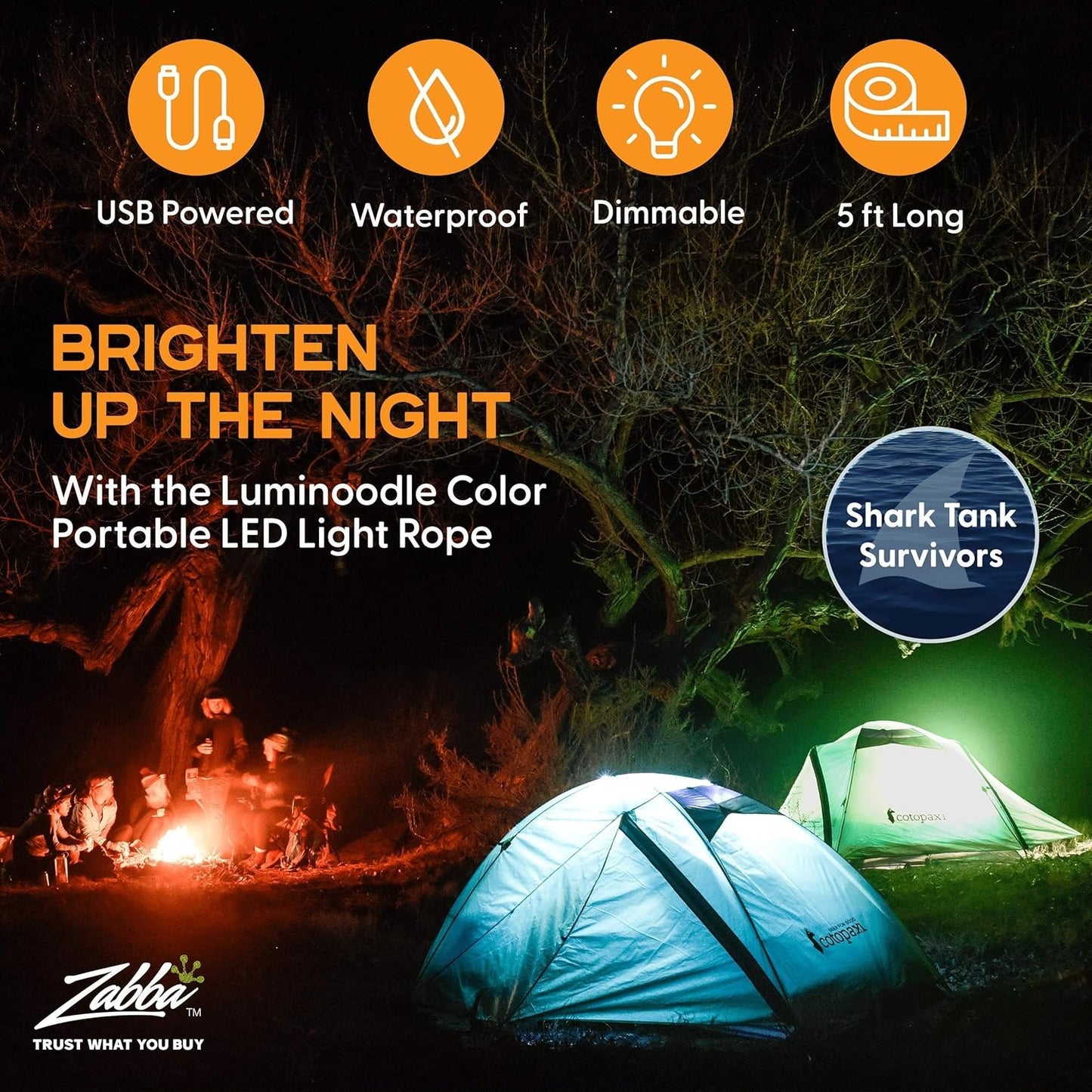 RGB Rope Lights - 15 Color LED String, Dimmer & Remote, 450 Lumen, for Camping, Safety, Hiking