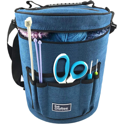 BeCraftee XL Crochet Bag – Large Yarn & Tool Organizer, 7 Pockets, Shoulder Strap, Blue