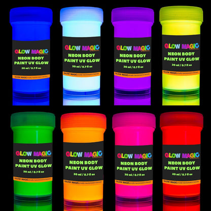 Neon Nights Glow In The Dark Body Paint, 8-Pack, Black Light Paints for Body & Face, Party Supplies for Adults & Kids