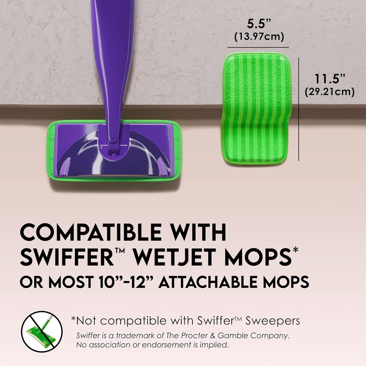 Reusable Floor Mop Pads - Swiffer Wet Jet Compatible, 2 Pack, 12-inch, Machine Washable, Eco-Friendly