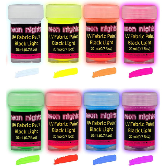 Glow in the Dark Fabric Paint Set – 8 Neon Colors for Clothes & Textiles, UV & Blacklight Reactive (20mL)
