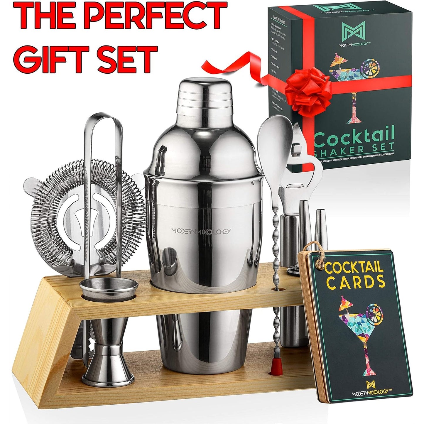 Barkeeper-Set mit Bambusständer – Cocktail-Shaker-Set und Barzubehör für die Hausbar, zum Mixen von Getränken und als Mixologie-Set