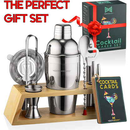 Barkeeper-Set mit Bambusständer – Cocktail-Shaker-Set und Barzubehör für die Hausbar, zum Mixen von Getränken und als Mixologie-Set