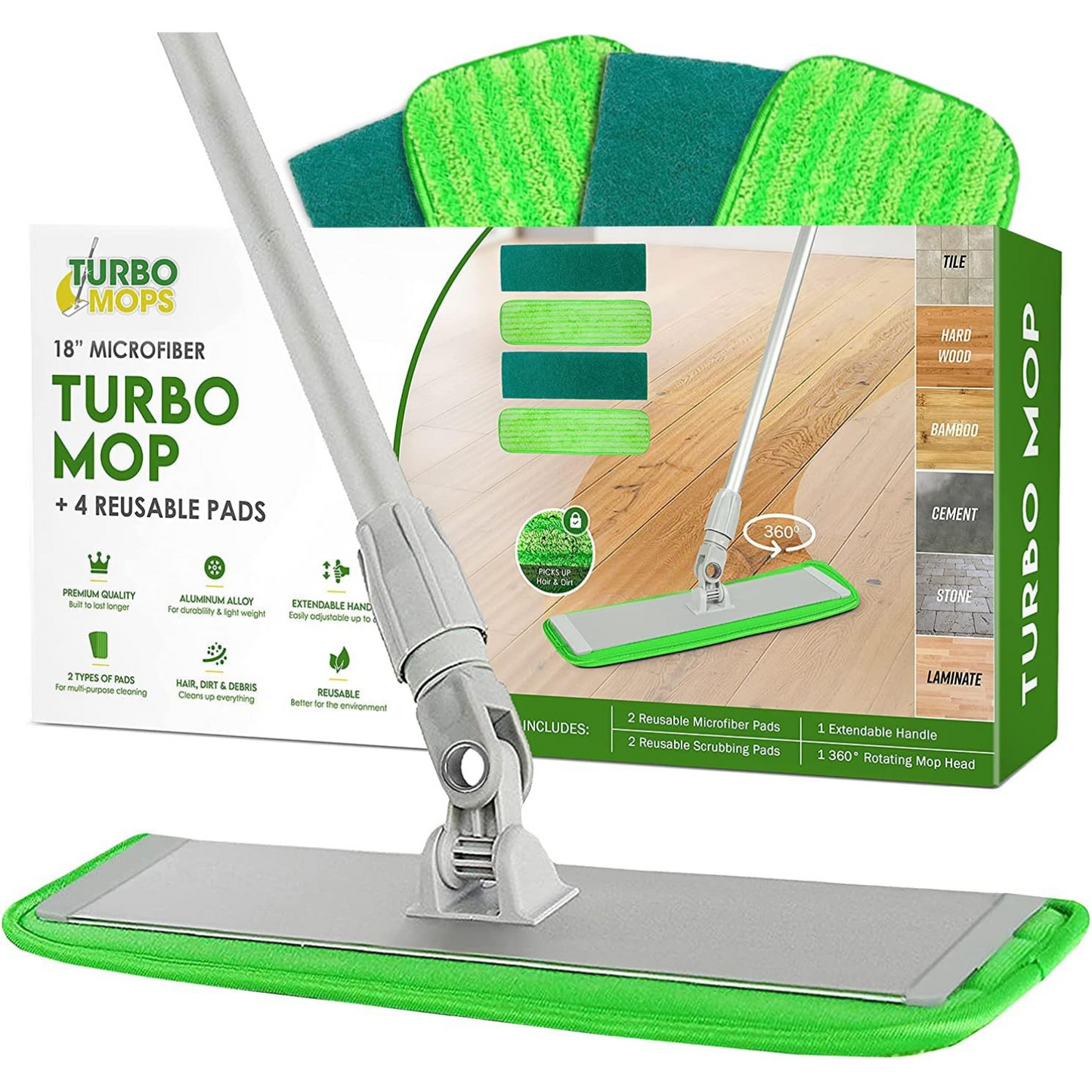 Turbo Microfiber Mop Floor Cleaning System - 18-inch Mop with 4 Reusable Pads, Extendable Handle