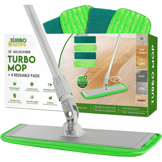 Turbo Microfiber Mop Floor Cleaning System - 18-inch Mop with 4 Reusable Pads, Extendable Handle