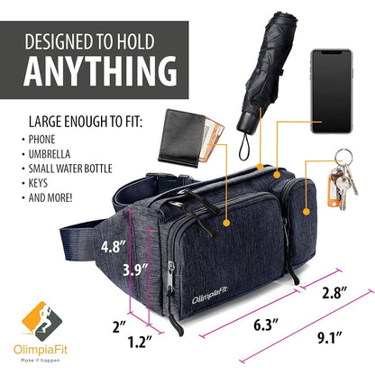 Fanny Pack for Women & Men – 6 Anti-Theft Pockets, Plus Size Belt Extension, Water-Resistant, Black