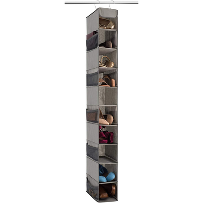 ZOBER Hanging Shoe Organizer for Closet, 10 Shelves - Hanging Shoe Rack W/ Side Pockets - Narrow, Space Saving, Durable