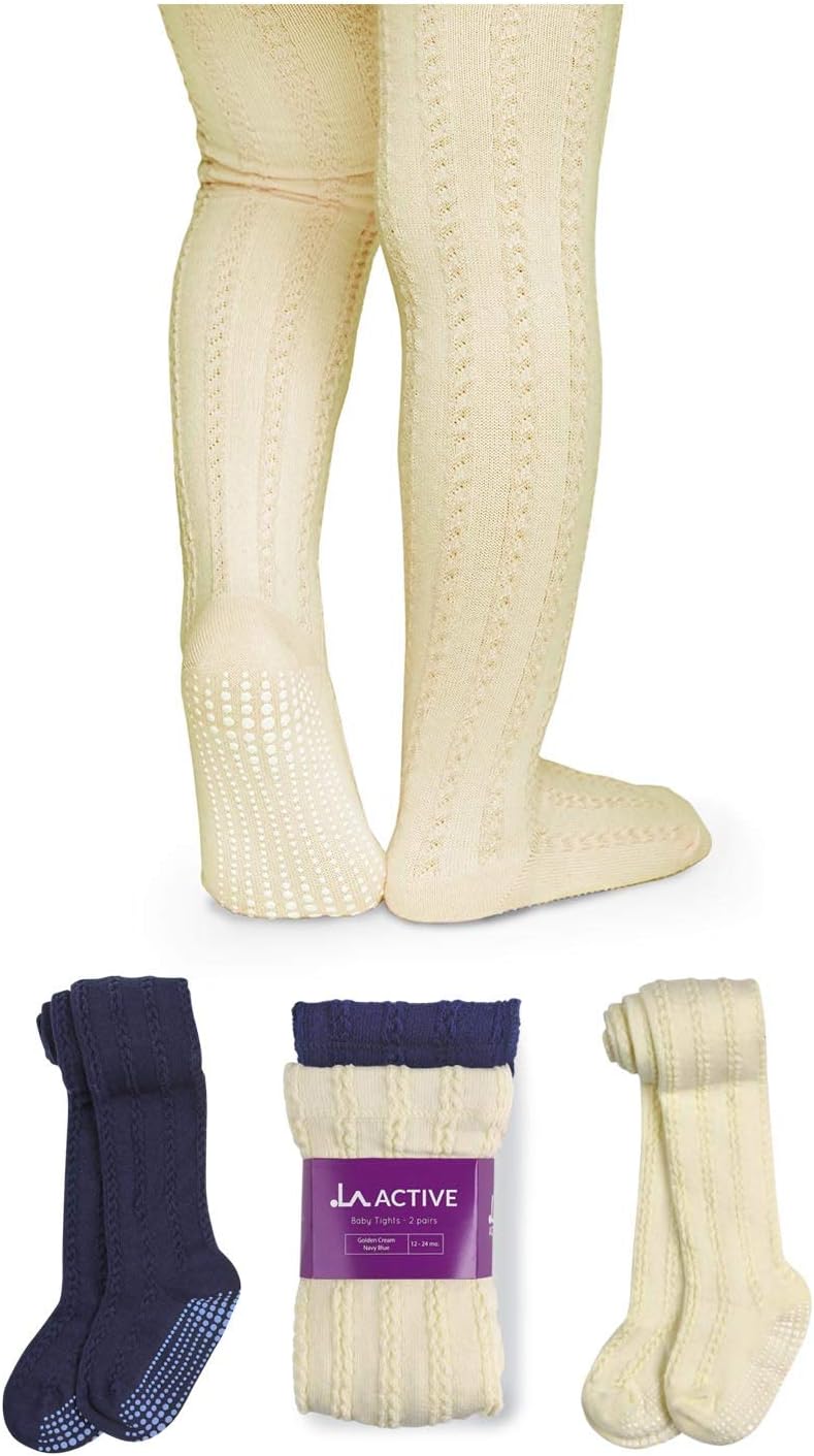 LA ACTIVE Baby Girls Tights - Cozy Cotton Cable Knit, Non-Skid Grip, Warm Winter Tights for Toddler, Infant & Newborn