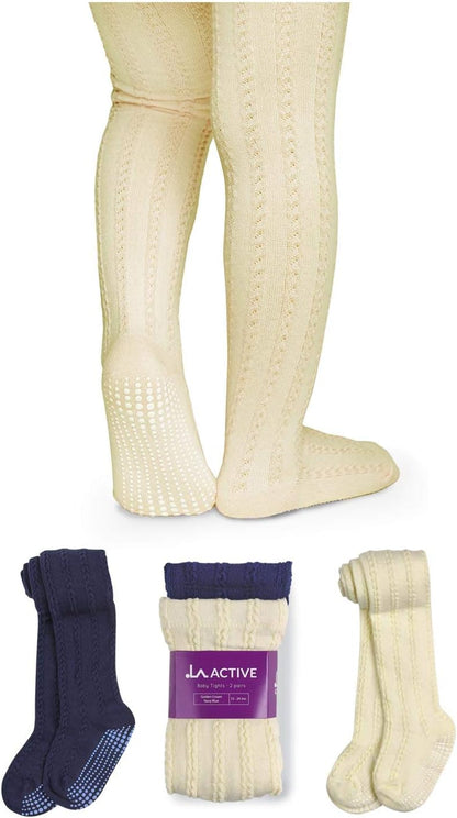 LA ACTIVE Baby Girls Tights - Cozy Cotton Cable Knit, Non-Skid Grip, Warm Winter Tights for Toddler, Infant & Newborn