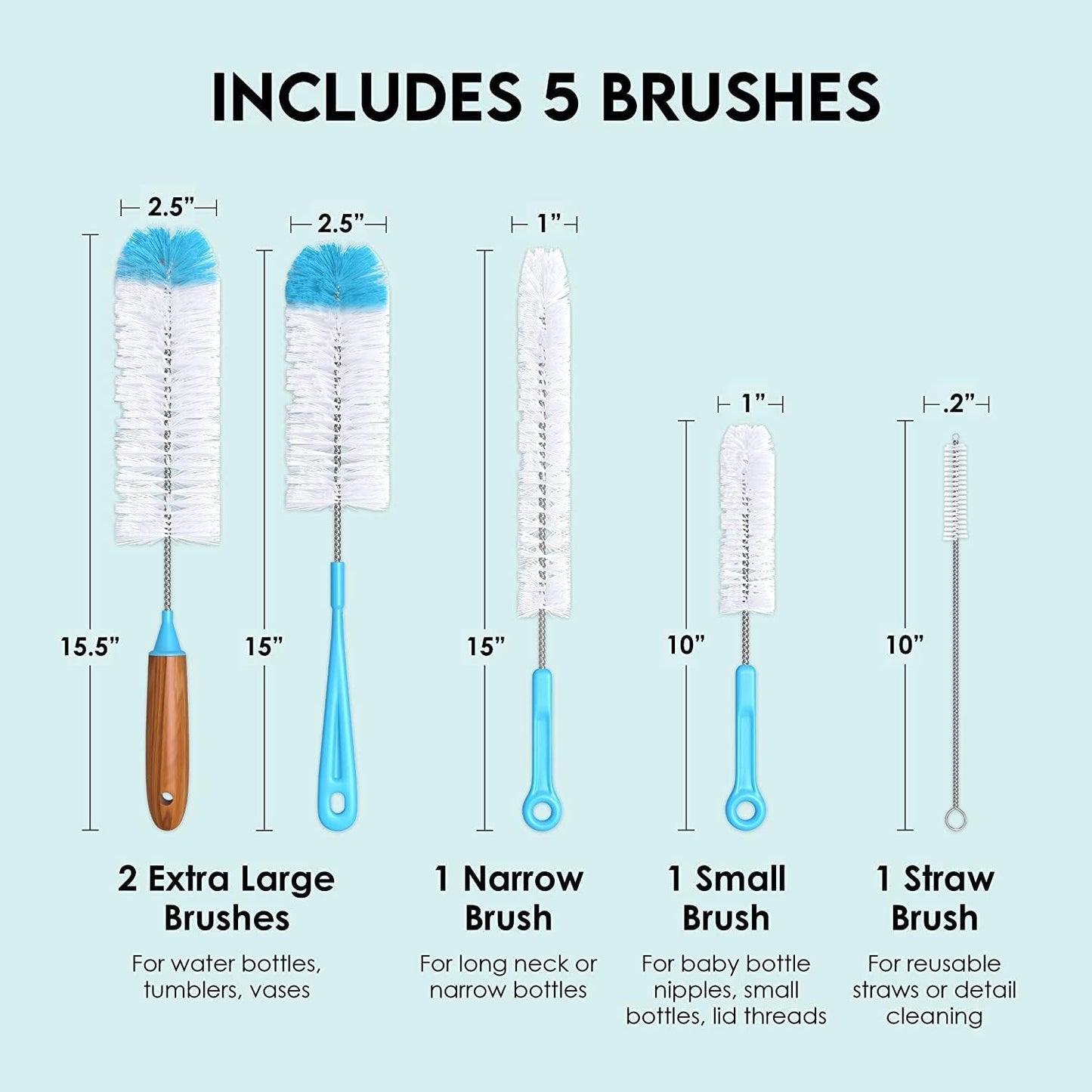Turbo-Mikrofaser-Flaschenbürsten-Reiniger-Set – 5 lange Reinigungsbürsten für Babyflaschen, Wasserflaschen, Strohhalme, Trinkbecher, Weinkaraffen und Flachmann – Küchenbedarf 