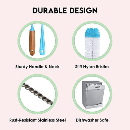 Turbo-Mikrofaser-Flaschenbürsten-Reiniger-Set – 5 lange Reinigungsbürsten für Babyflaschen, Wasserflaschen, Strohhalme, Trinkbecher, Weinkaraffen und Flachmann – Küchenbedarf 