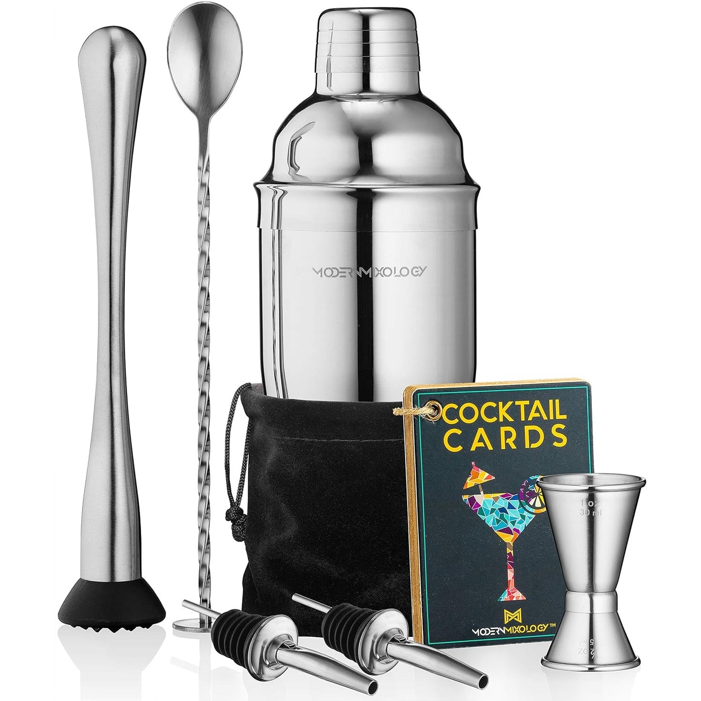 Barkeeper-Set: Cocktail-Shaker-Set, Getränkemixer, 8-teiliges tragbares Barkeeper-Set mit 24 oz Martini-Shaker-Barzubehör-Set, 2 Ausgießern, Stößel, Messbecher, Rührlöffel, Samtbeutel, integriertem Sieb (Silber)