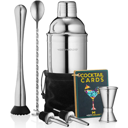 Barkeeper-Set: Cocktail-Shaker-Set, Getränkemixer, 8-teiliges tragbares Barkeeper-Set mit 24 oz Martini-Shaker-Barzubehör-Set, 2 Ausgießern, Stößel, Messbecher, Rührlöffel, Samtbeutel, integriertem Sieb (Silber)