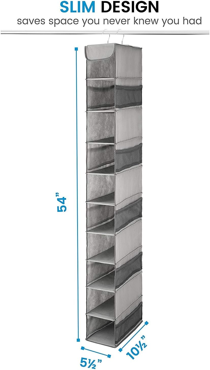 ZOBER Hanging Shoe Organizer for Closet, 10 Shelves - Hanging Shoe Rack W/ Side Pockets - Narrow, Space Saving, Durable