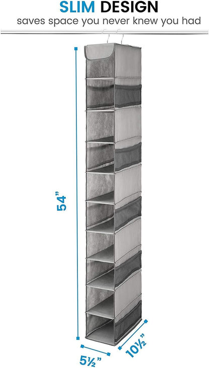 ZOBER Hanging Shoe Organizer for Closet, 10 Shelves - Hanging Shoe Rack W/ Side Pockets - Narrow, Space Saving, Durable