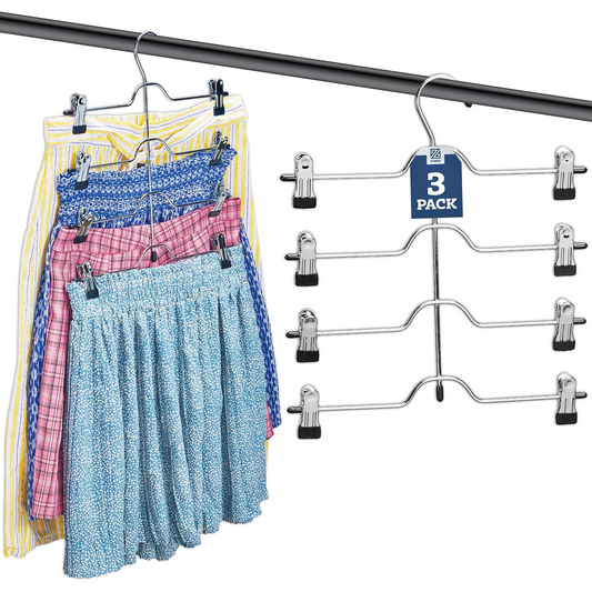Zober 4-Tier Skirt Hangers with Clips - Non-Slip Metal, Adjustable Clips & Swivel Hooks, Space-Saving (3-Pack)