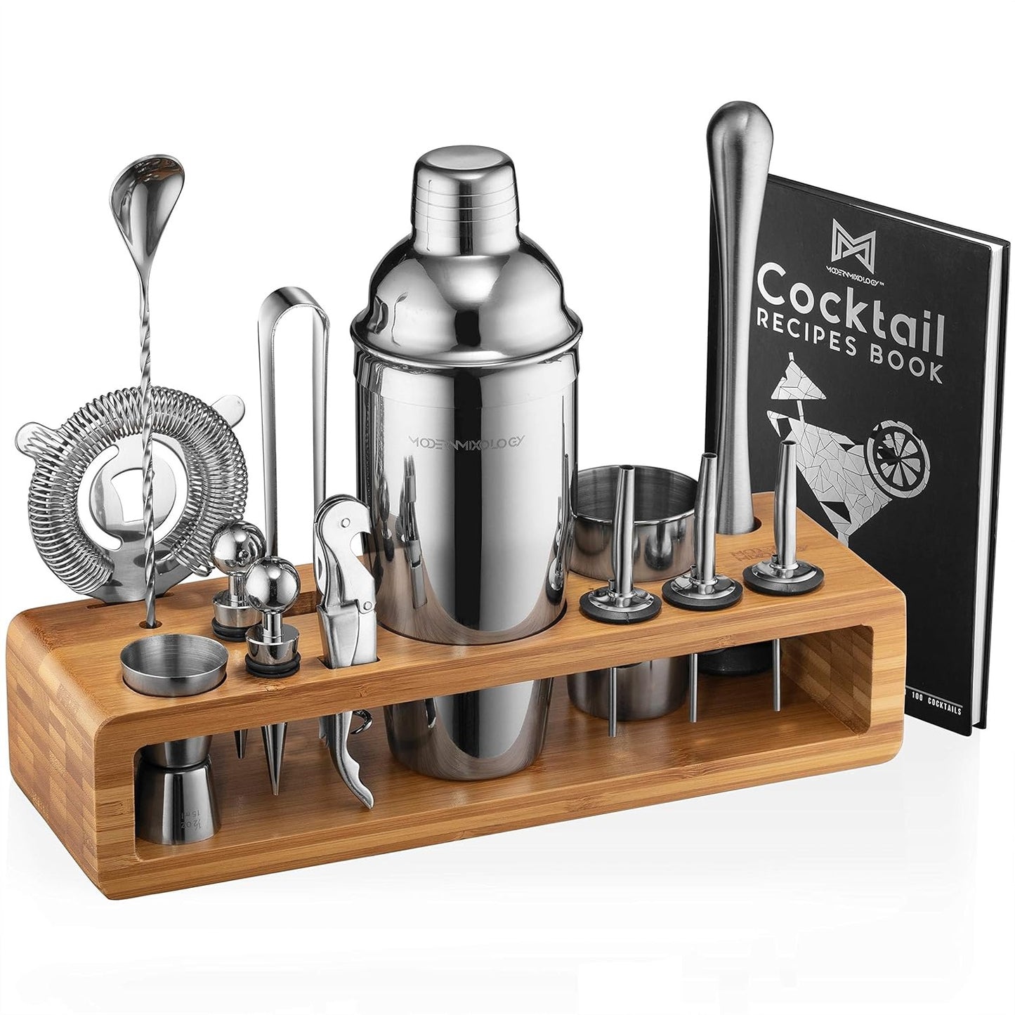 23-teiliges Bar-Set, Cocktail-Shaker-Set mit stilvollem Bambusständer | Perfekt als Bar-Werkzeug für zu Hause, Barkeeper-Werkzeugset und Martini-Cocktail-Shaker zum fantastischen Mixen von Drinks (Silber)