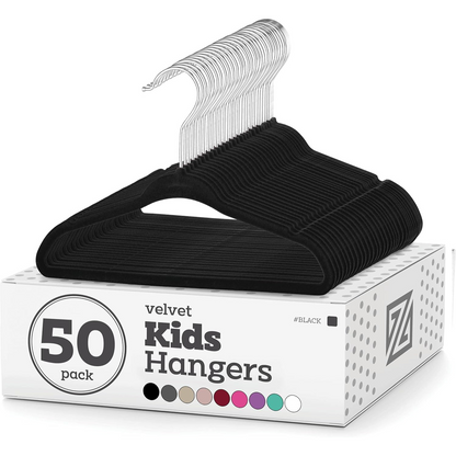 Zober Velvet Baby Hangers - 50-Pack, Non-Slip Kids Hangers with Swivel Hook for Jackets & Dresses (Black)