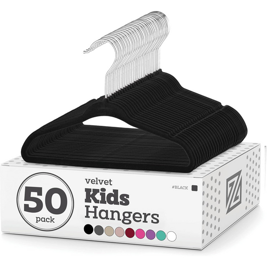 Zober Velvet Baby Hangers - 50-Pack, Non-Slip Kids Hangers with Swivel Hook for Jackets & Dresses (Black)